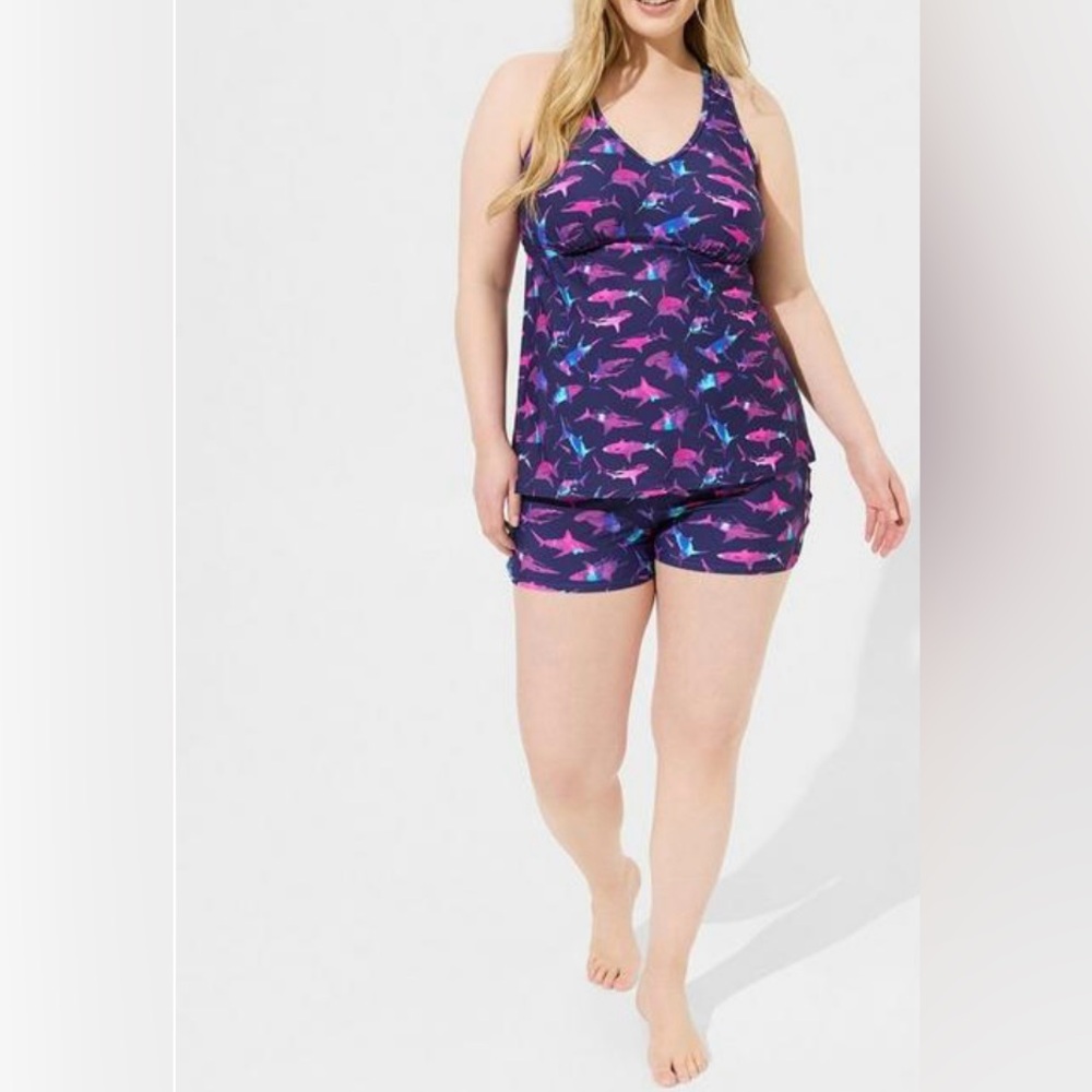 Torrid Wireless Racerback Tankini & High Rise Strappy Side 3.5 Inch Swim Short